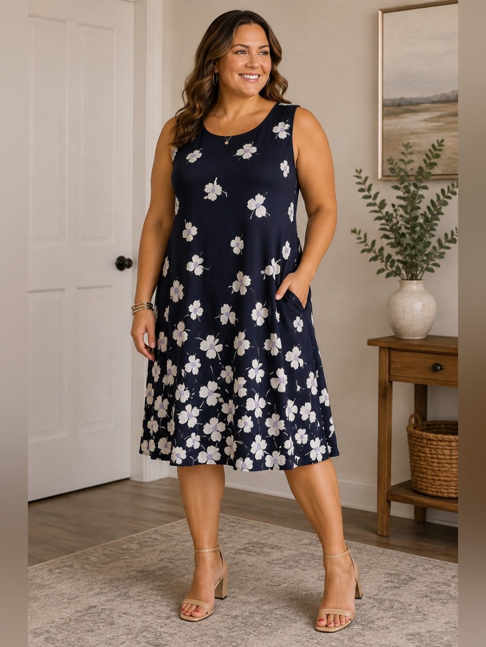 LOFT Navy Tank with Cream Floral Print